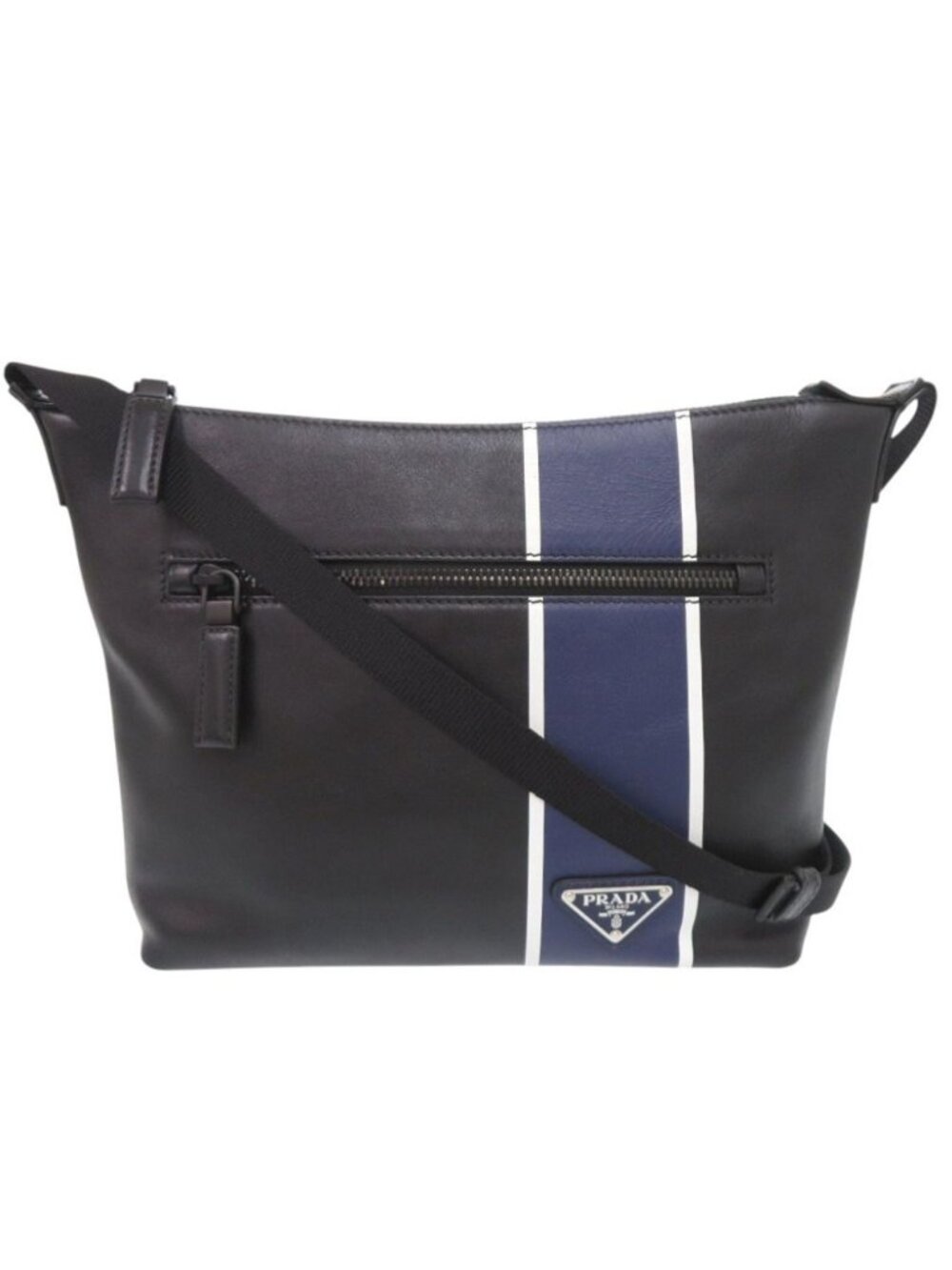 Prada Triangle Logo Leather Black Blue Shoulder Bag